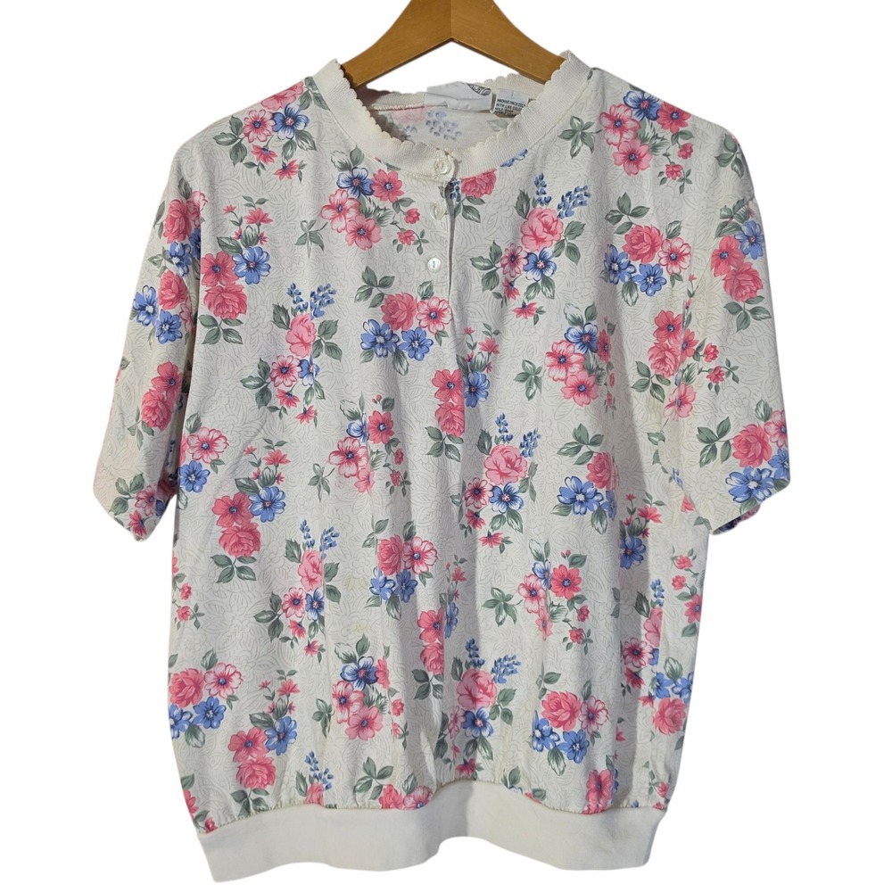 Vtg Bizzit‎ Collection Floral Henley Top Womens Medium Ivory 90s Banded Retro